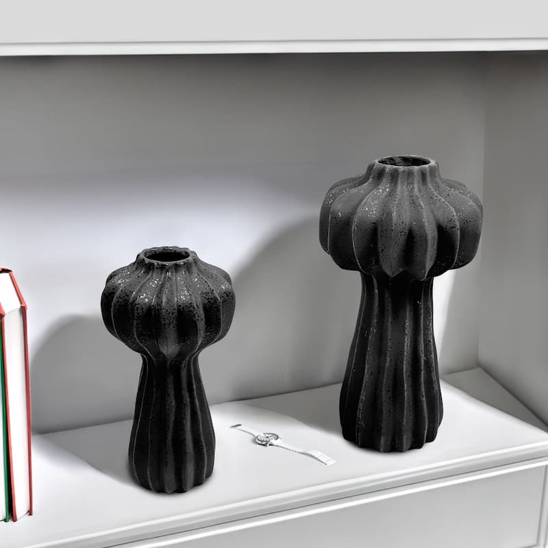 Black Ceramic Cactus Inspired Vases Set of Two Modern Textured Décor