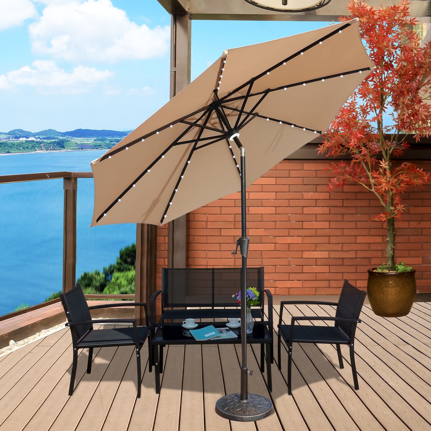 9 Ft Patio Market Outdoor Umbrella with Solar LED Led lights - Bed Bath u0026  Beyond - 35225415