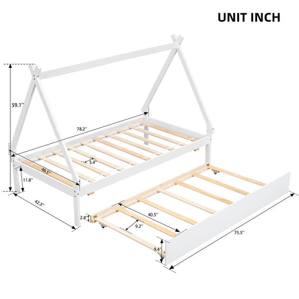 dimension image slide 0 of 3, Twin Size Montessori Bed with Trundle, Wood Tent Floor Bed Frame, Twin Kids Bed with Slat Support for Boys,Girls, Easy Assembly