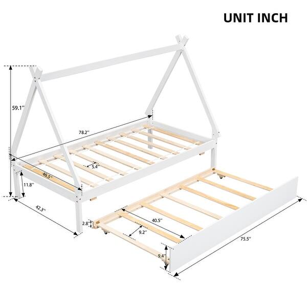 dimension image slide 0 of 3, Twin size Teepee Bed Wood Slat Support Platform Bed Frame Minimalist Tent Floor Bed, with Trundle(No Box Spring Needed)