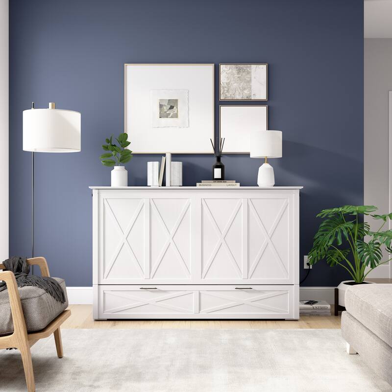 Bestar Key West 65W Queen Murphy Cabinet Bed with Drawer and Mattress