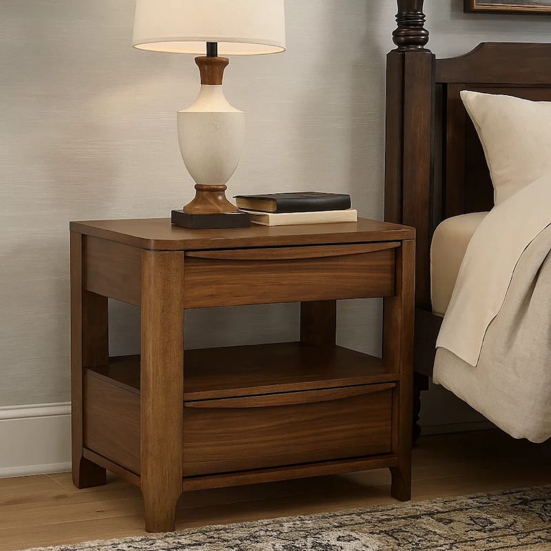 Rie Nightstand w 2 Drawers and Lower Shelf, Walnut Brown Poplar Wood