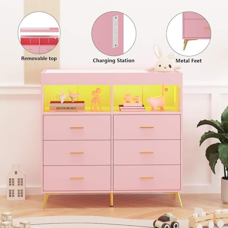 Dresser for Bedroom with 6 Drawers, Baby Changing Table Dresser with Changing Pad
