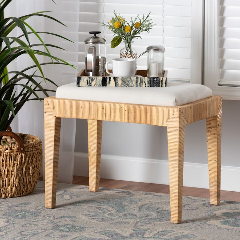 Sofia Modern Bohemian Natural Brown Rattan and Mahogany Wood Ottoman
