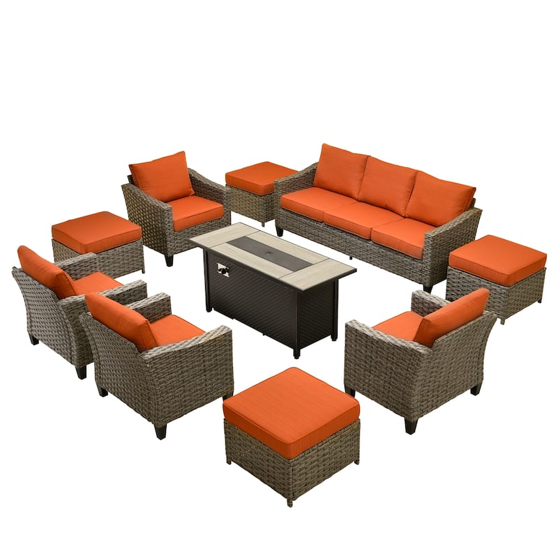 ​​OVIOS 10-Piece Outdoor Wicker Set with Fire Pit Table​