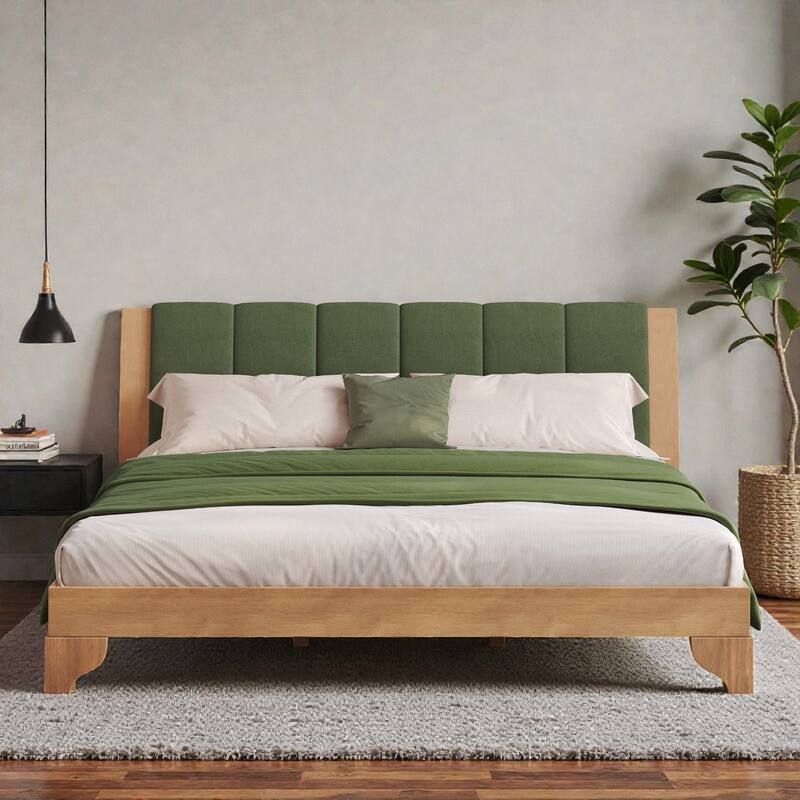 Premium Pine Wood Queen/King Bed Frame with Headboard, Mid Century Modern Platform Bed, Sturdy MDF Construction