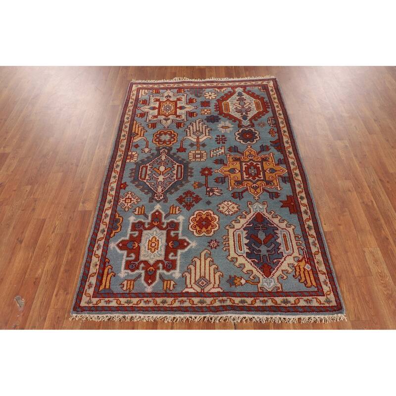 Light Blue Geometric Oushak Oriental Foyer Rug Handmade Wool Carpet - 4'0"x 6'2"
