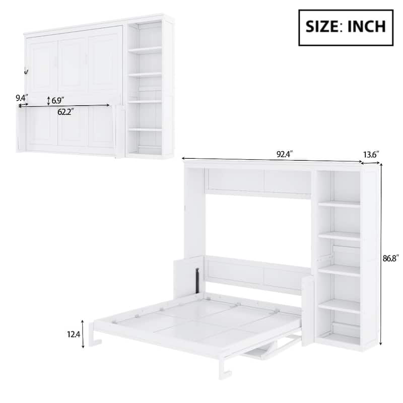 Queen/Full Size Wood Murphy Bed Foldable Wall Bed with Desk and Bookshelf