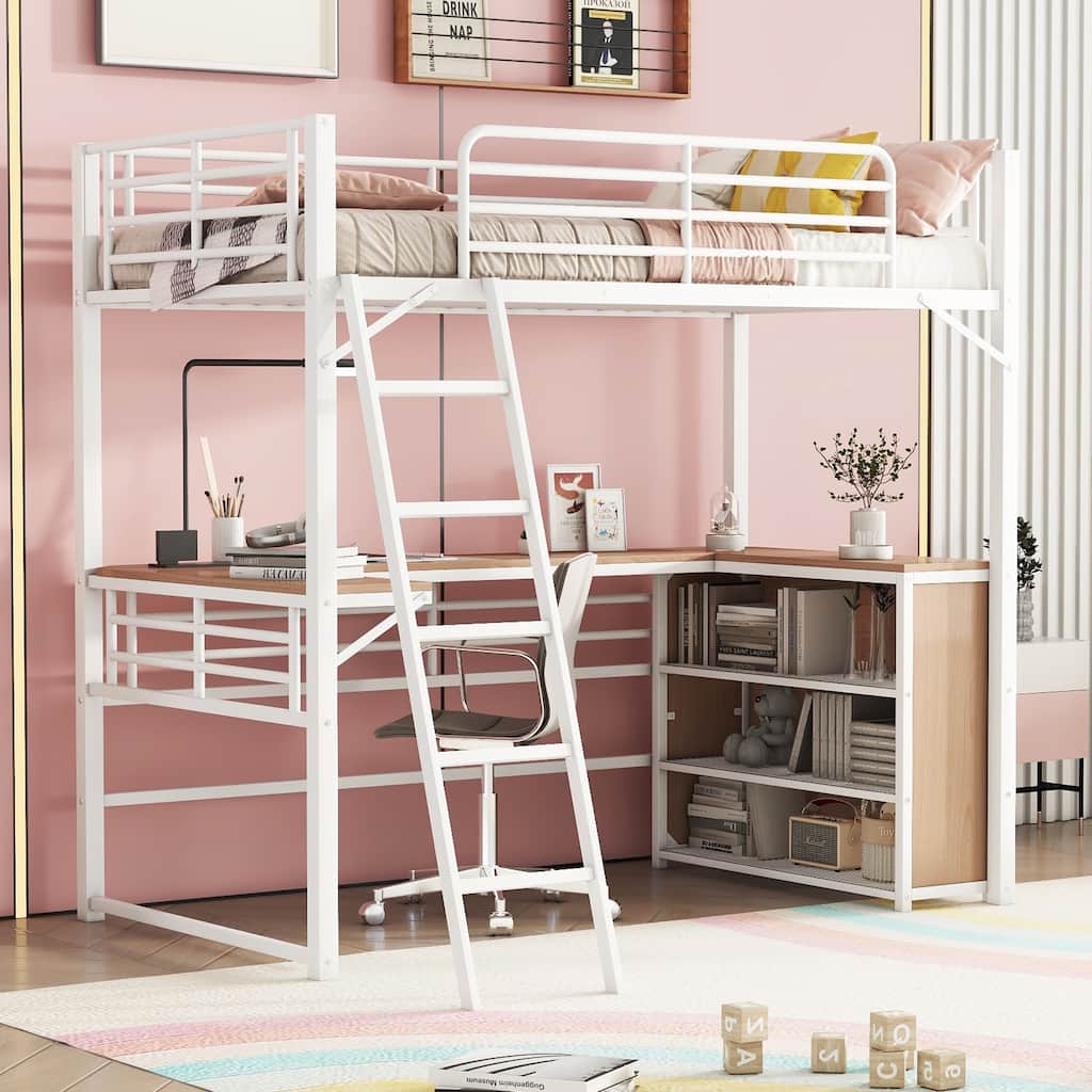 Metal Loft Bed Frame with Versatile L-Shaped Desk and Storage Shelves, Interchangeable Ladder, Space-Saving, Noise Free
