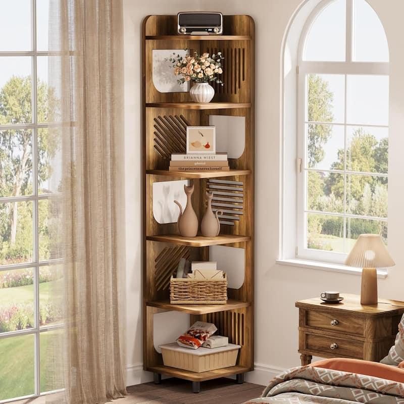 6-Tier Corner Shelf, Rustic Tall Corner Bookshelf for Living Room, Bedroom, Office