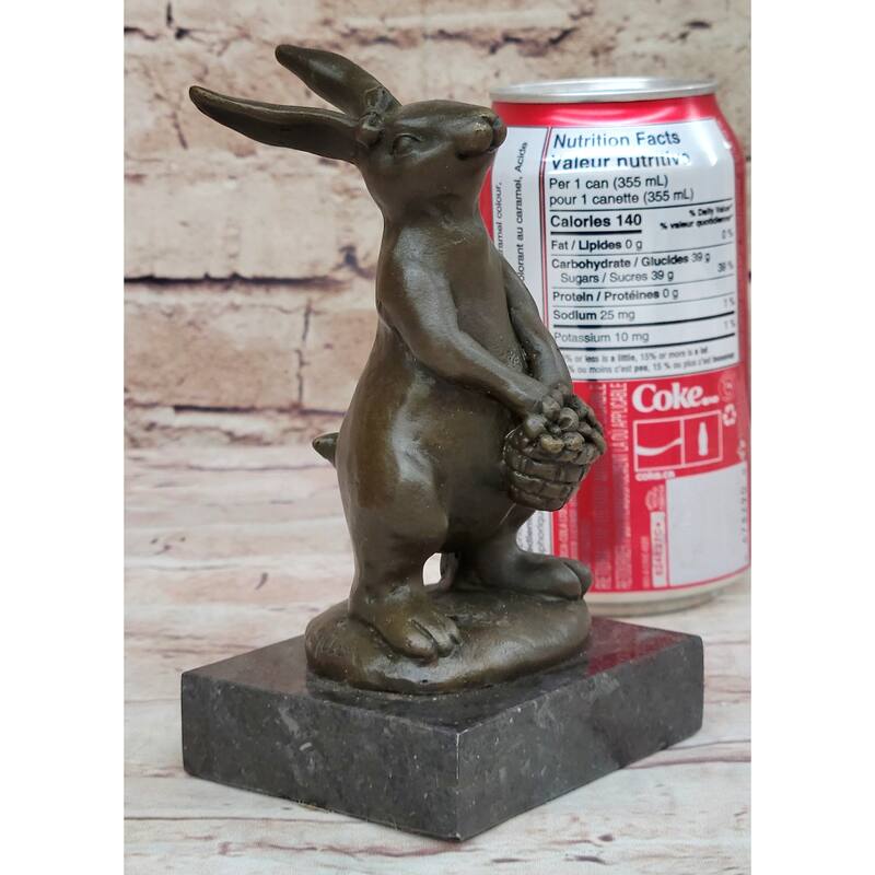 Easter Bunny Imitative Rabbit Holding A Basket Bronze Sculpture Statue Figure On Marble Base