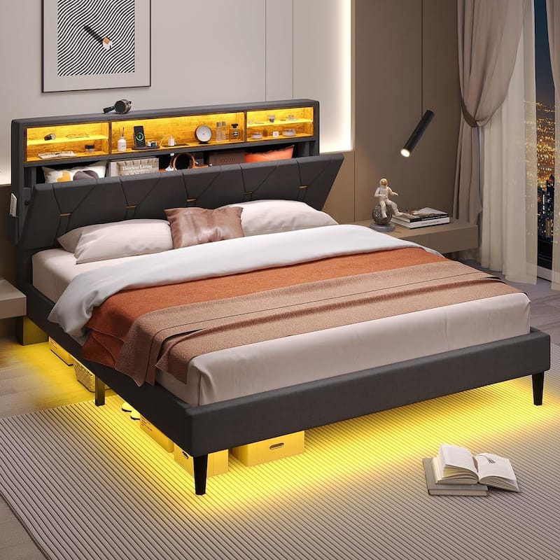 Bed Frame Storage Headboard RGB LED Lights Upholstered Platform