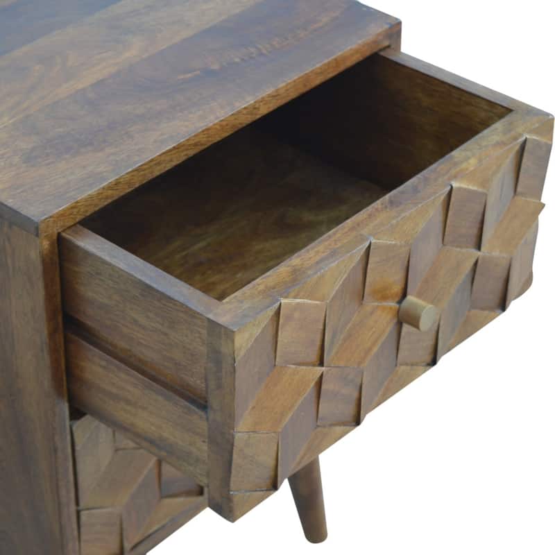 Artisan Furniture Solid Wood Chestnut Cube Carved Nightstand, Brown, 2 Drawers