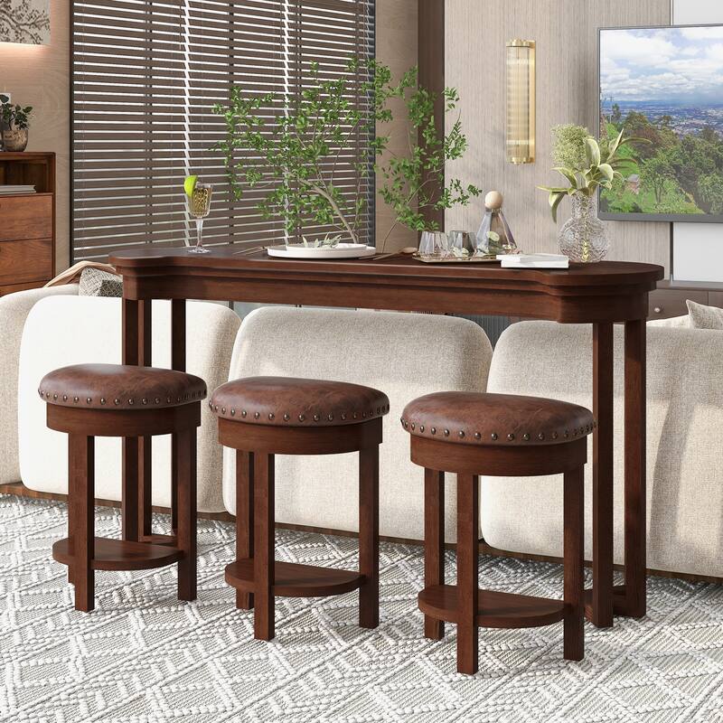 4 Piece Bar Table Set with 3 Bar Stools, Breakfast Table with 3 Padded Stools Solid Wood Counter Height Dining Table Set