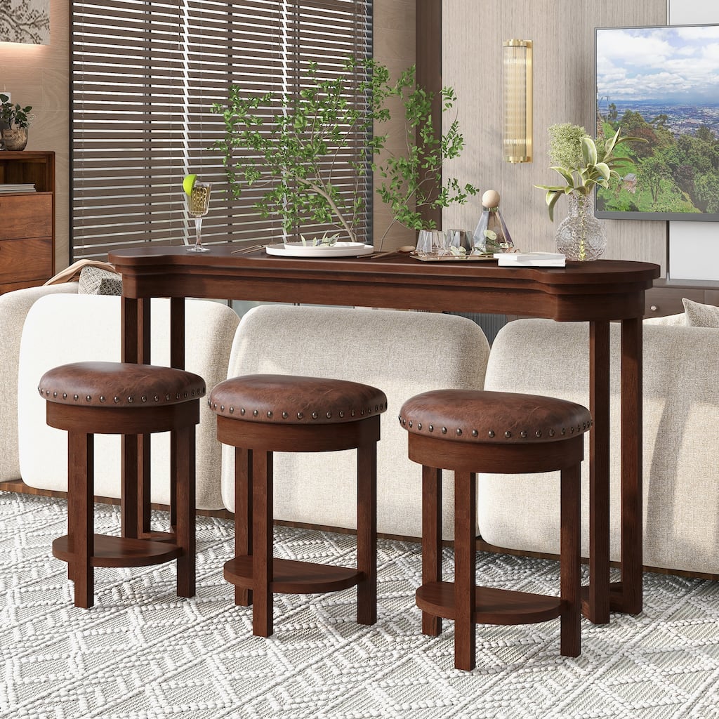 4-Piece Wood Bar Table Set with 3 Stools, Vintage Bar Table Set Bistro Table Set with 3 Backless Stools