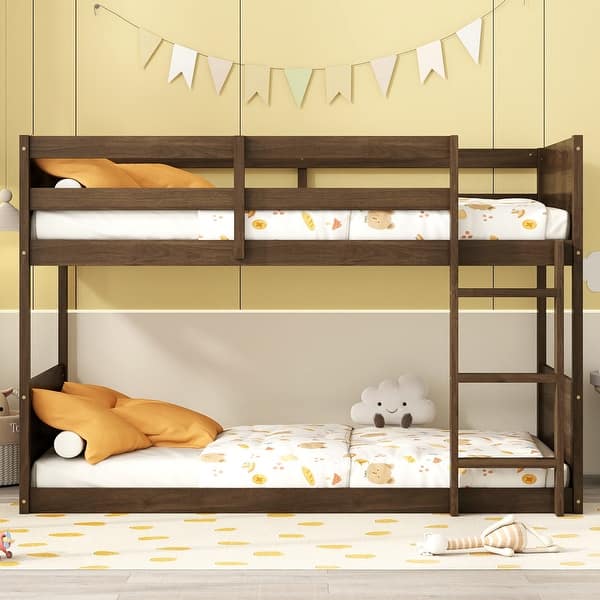 slide 2 of 20, Twin Size Floor Bunk Bed with Safety Guardrails and Built In Ladder Antique Dark Oak - Twin