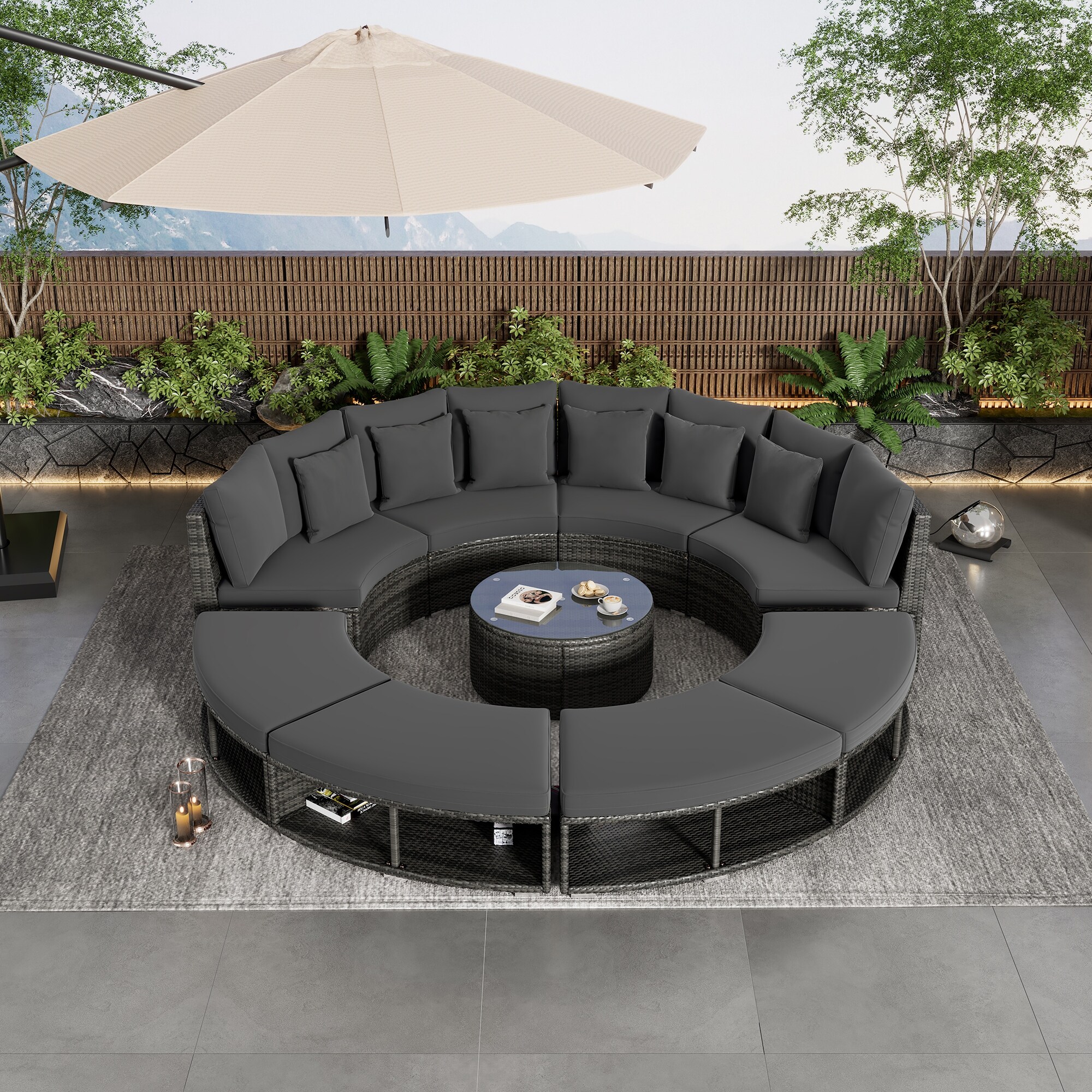 Circular Outdoor Patio Furniture Outdoor Rattan Wicker Sectional Sofa Lounge Set with Tempered Glass Coffee Table 6 Pillows Bed Bath Beyond 40437360