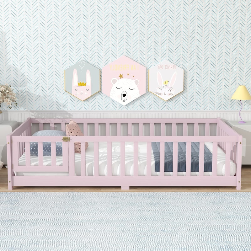 Rubber Wood Floor Bed with Fence and Door,Twin Size - Pink