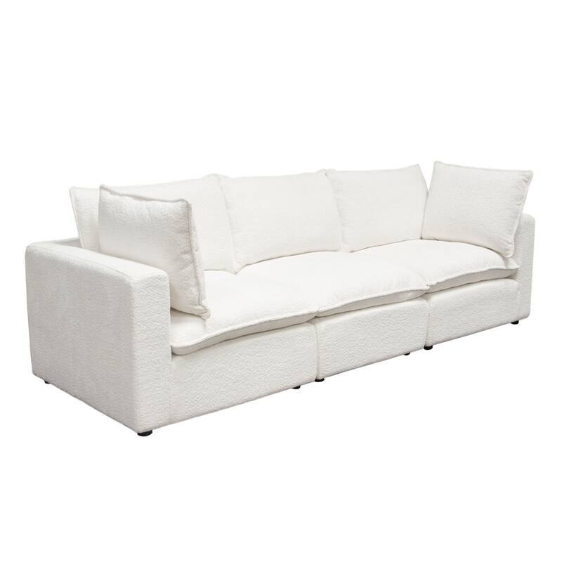 Agg 3pc Modular Sofa, Ivory Faux Shearing Fabric, 2 Accent Pillows