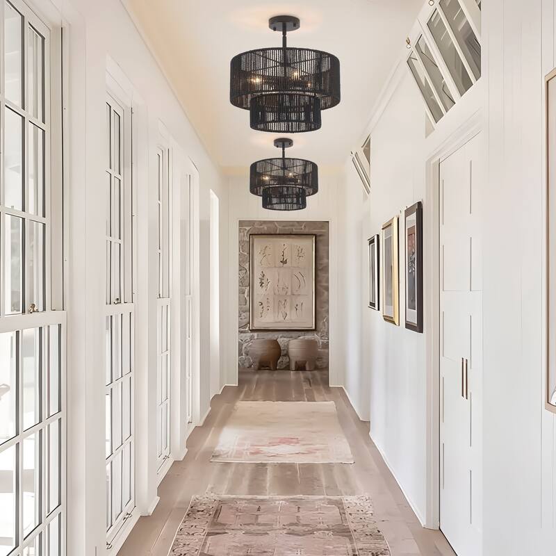 Starsky 4-Light 2-Tier Rattan Semi Flush Mount Ceiling Light