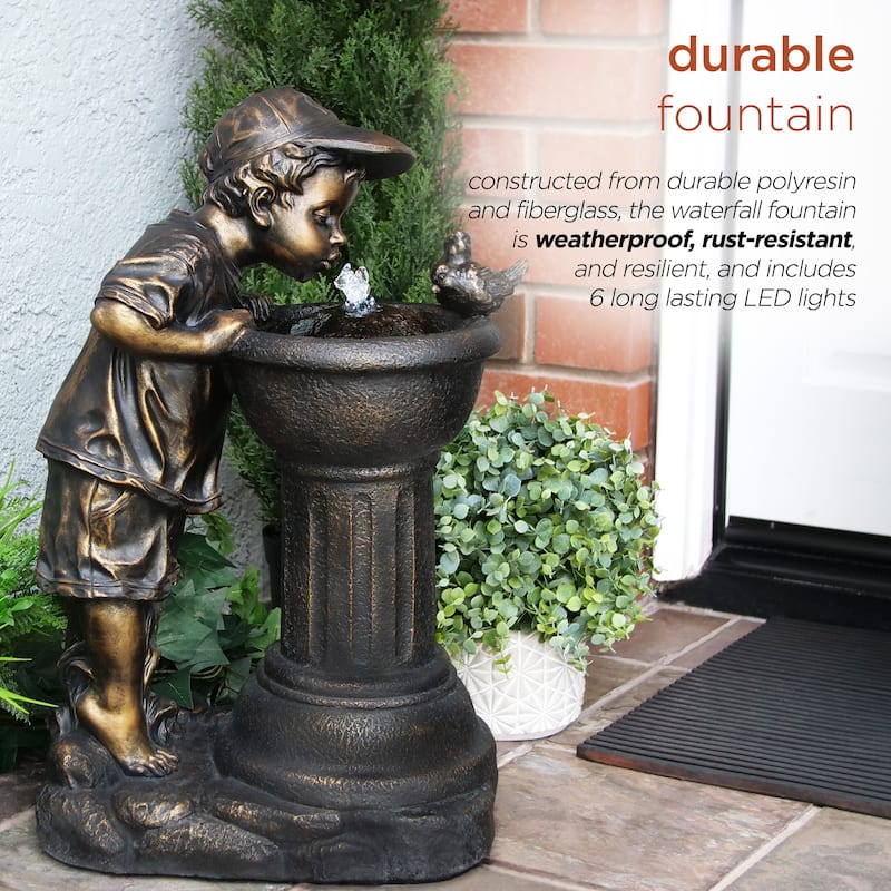Alpine Corporation Outdoor Floor Joyful Boy and Girl Drinking Water Fountain, Playful Garden Waterfall with LED Lights