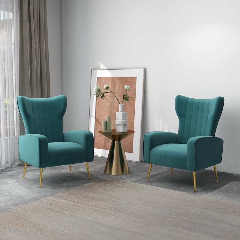 2 Set Velvet Wingback Accent Chairs with Metal Legs for Living Room