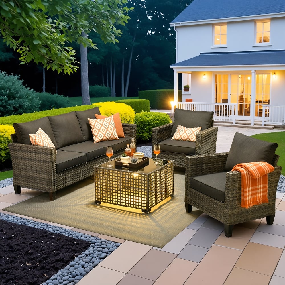 OVIOS 4 Pieces Patio Furniture Wicker Set with Solar-Powered Coffee Table