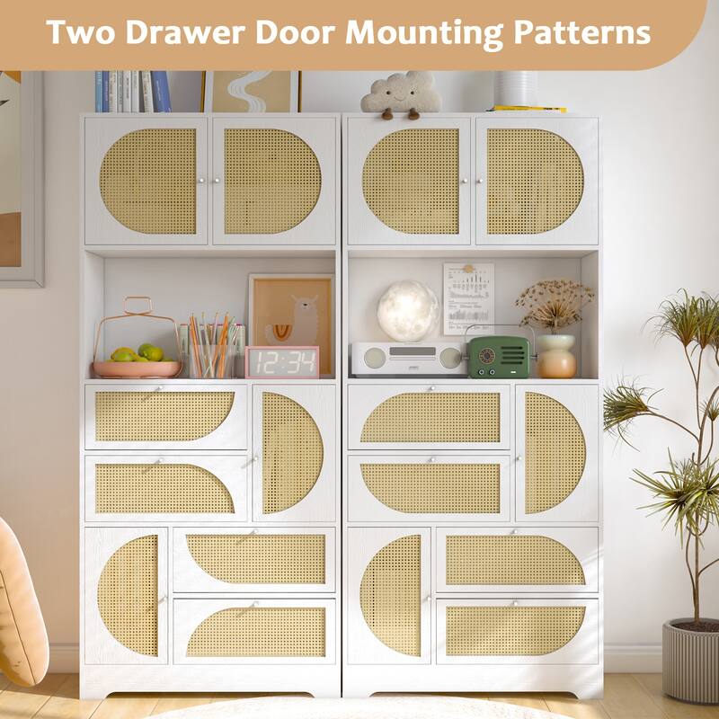 Storage Cabinet with Rattan Doors, Tall Freestanding Hutch Cabinet with Power Outlet,4 cabinet door and 4 Drawers