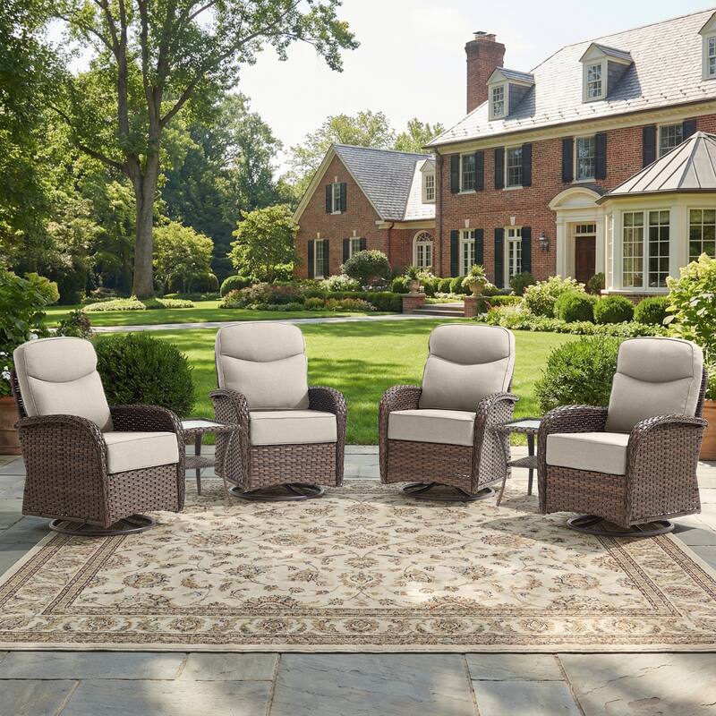 Pocassy Outdoor Wicker Patio Sofa with Swivel Chair Ottoman Sets - Brown Wicker Beige Cushion - 6-Piece Swivel Chair with Side Table