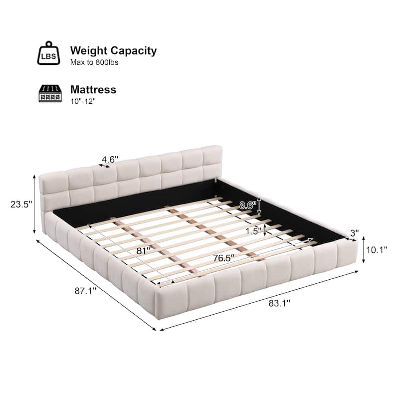 Block Grounded Bed, Beige Chenille Platform Bed Frame Fully Upholstered Modern Bedroom/Apartment Floor Bed Low Profile Bed