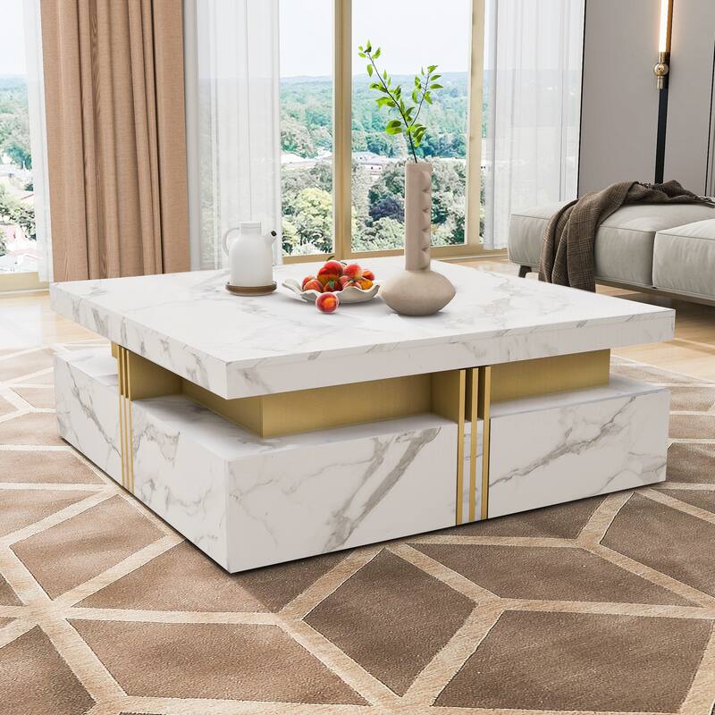 Modern Square Storage Coffee Table with 4 Drawers - White