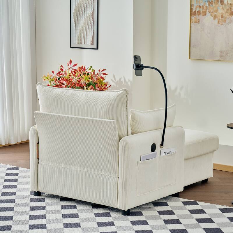 Roomfitters Modern Upholstered Chaise Lounge Chair with Ottoman, Comfy Oversized Armchair with Storage Side Pocket, Beige