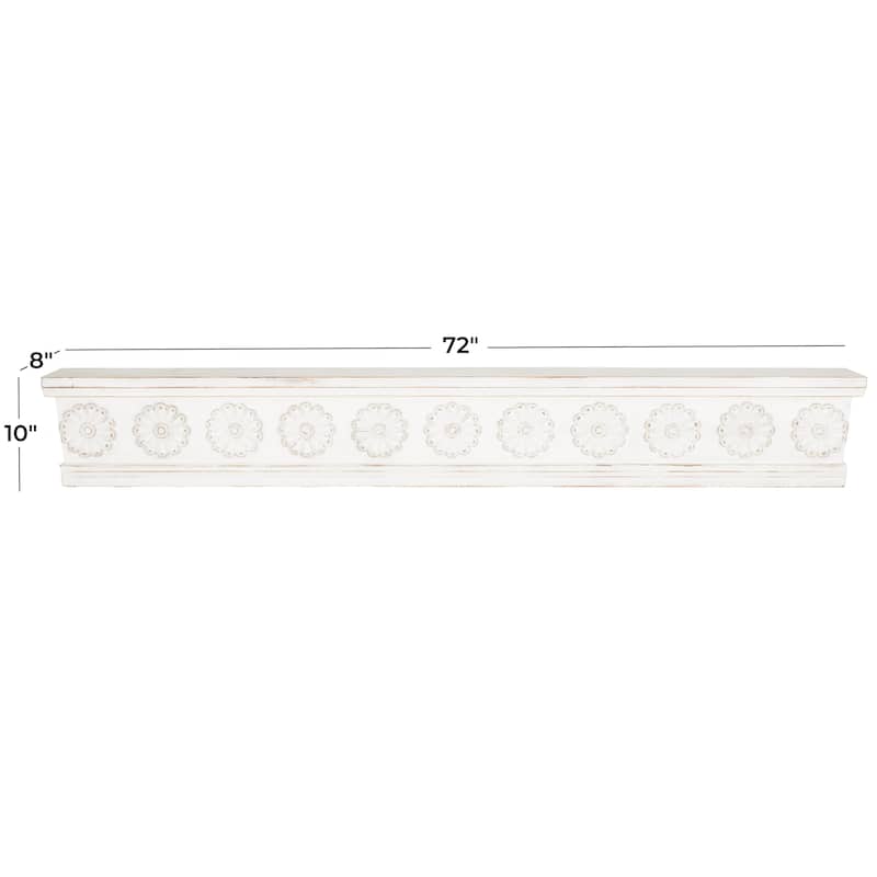 Wooden Floral Wall Shelf with Brown Distressing - White - Roche River Decor