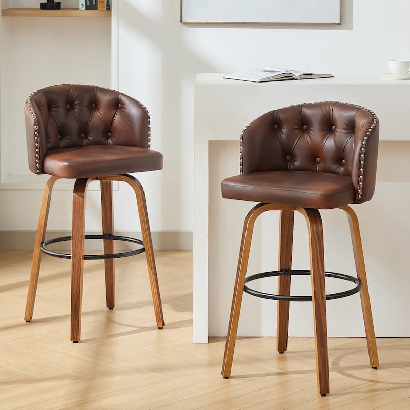 25.5" Faux Leather Upholstered Wood Frame Swivel Counter Height Bar Stool, Set of 2/4 - Set of 2 - Walnut Brown - Counter Height