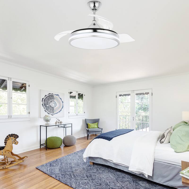 Cusp Barn 42 Inch Retractable Ceiling Fan with Lights and Remote 6 Speeds Noiseless DC Motor Ceiling Light for Bedroom