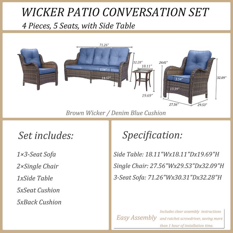 4 Piece Outdoor High Back Wicker Patio Conversation Furniture Sets