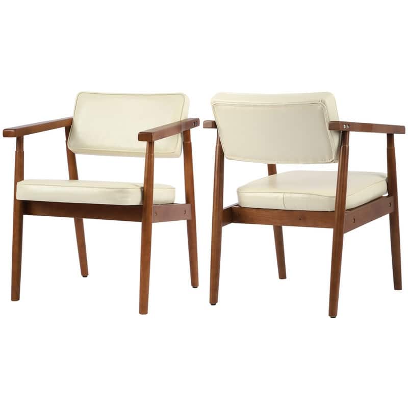 Walnut Faux Leather Upholstered Dining Chair Padded Armchair Solid Wood Open Back