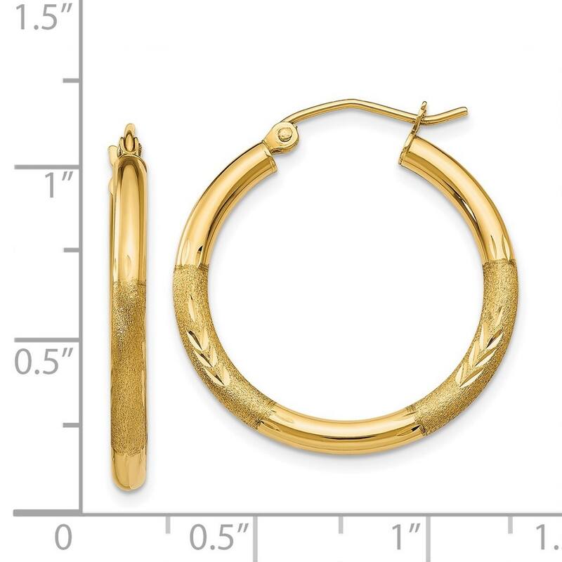 Curata 14k Yellow Gold Satin and Diamond Cut 24x2.5mm Round Hoop Earrings