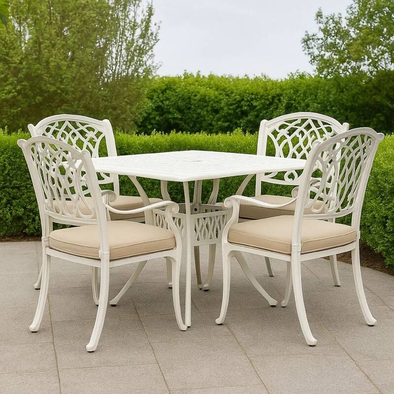 Outdoor Patio Breakfast Dining Table, 35 Inch Square, White Metal