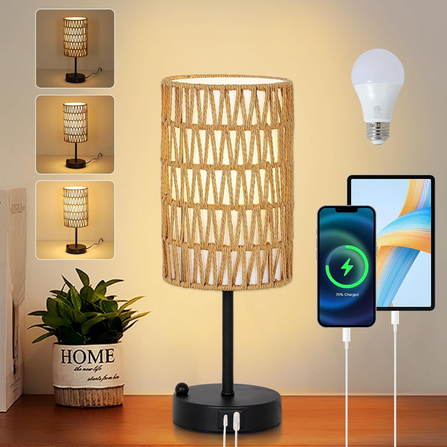 15 in Boho Touch Table Lamp with Rattan Shade, USB Ports - 15''H