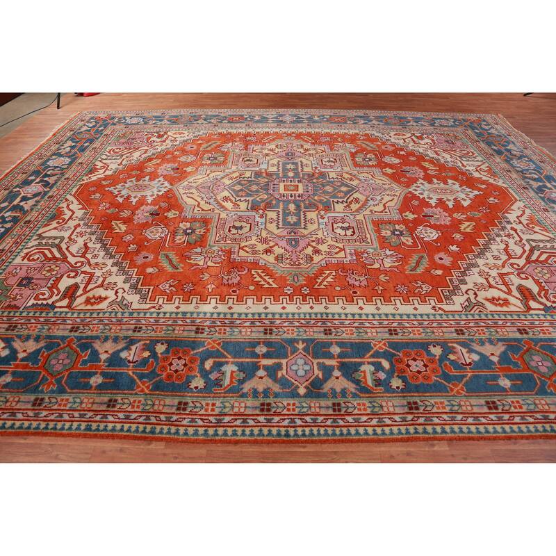 Hand Knotted Oriental 100% Wool Carpet Traditional Medallion Oranges & Rust Heriz (serapi) Area Rug - 14' 9'' X 11' 10''