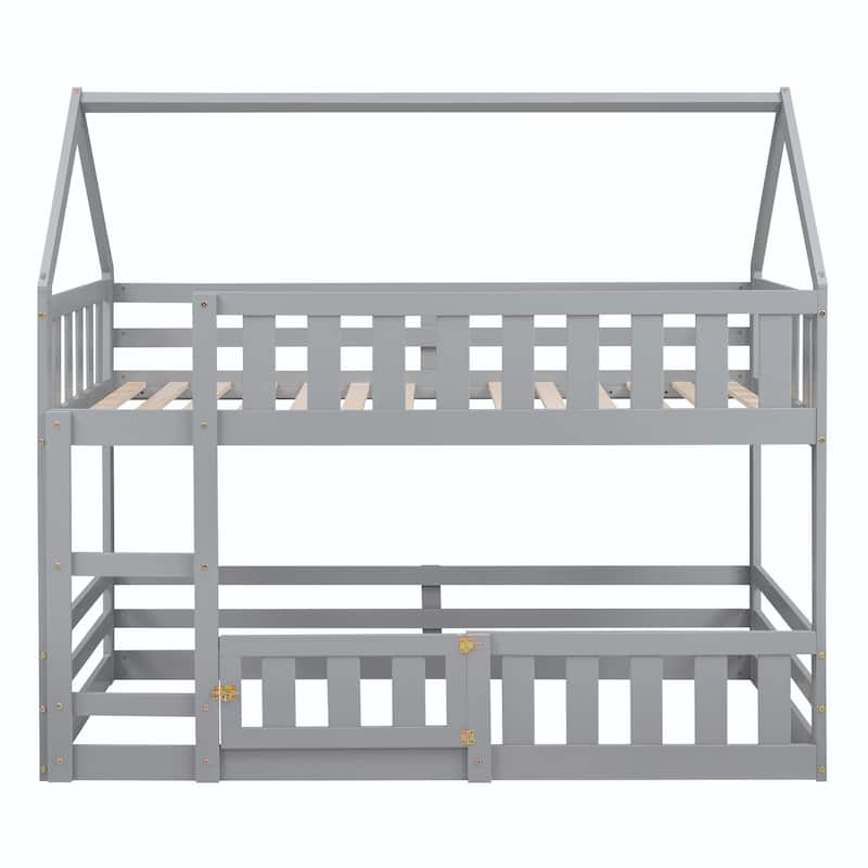 Twin over Twin House Bunk Bed with Fence and Door