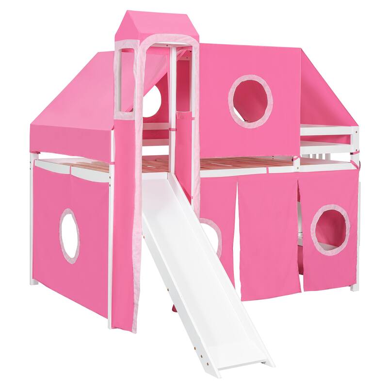 Full Size Loft Bed with Tent and Tower - Pink