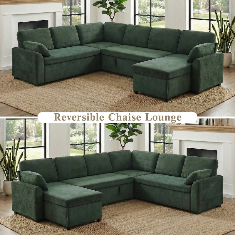111.2" U-shaped Sofa with Reversible Chaise and Convertible Sofa Bed