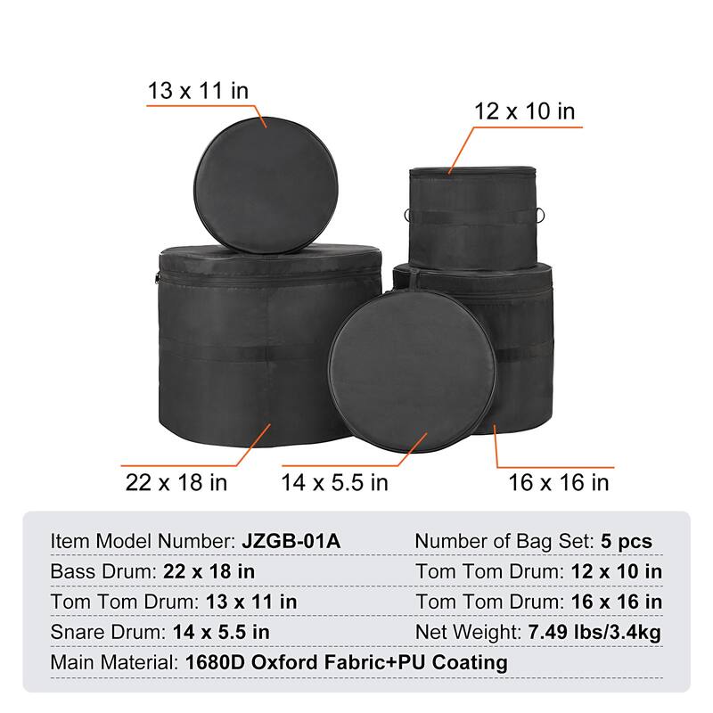 5-Piece Drum Bag Kit, Durable 1680D Oxford Material - 4.92 ft 0.39 in