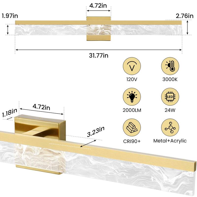 LED Bathroom Vanity Light 24/32/39 inch Dimmable Metal Wall Sconce - Black/Warm White Light