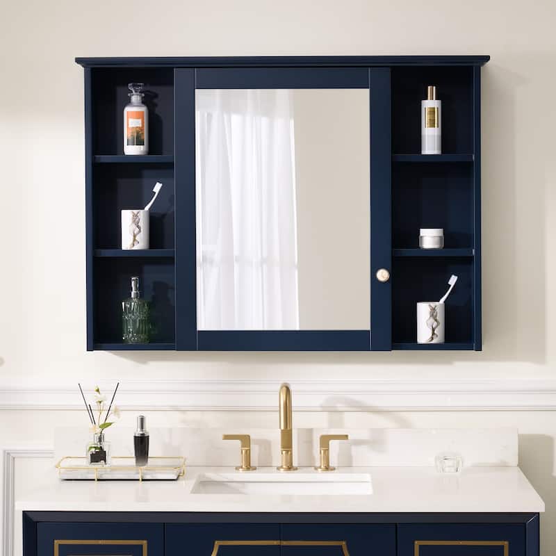Modern Surface Mount Solid Wood Framed Medicine Cabinet With Mirror and Shelves - Navy Blue-42'' W