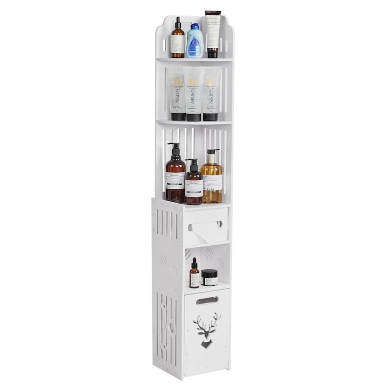 Javlergo White PVC Bathroom Cabinet Multi-Layer Corner Storage Cabinet with Toilet Paper Holder and Trash Bucket
