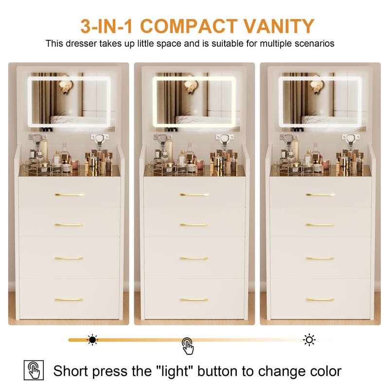3 in 1 Small Vanity Desk Set, Vanity Table with Glass Desktop and Drawers, Makeup Table with Lights and Open Top Mirror