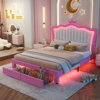 Full Size Upholstered Bed Frame with LED Lights, Crown Headboard and 2 Drawers